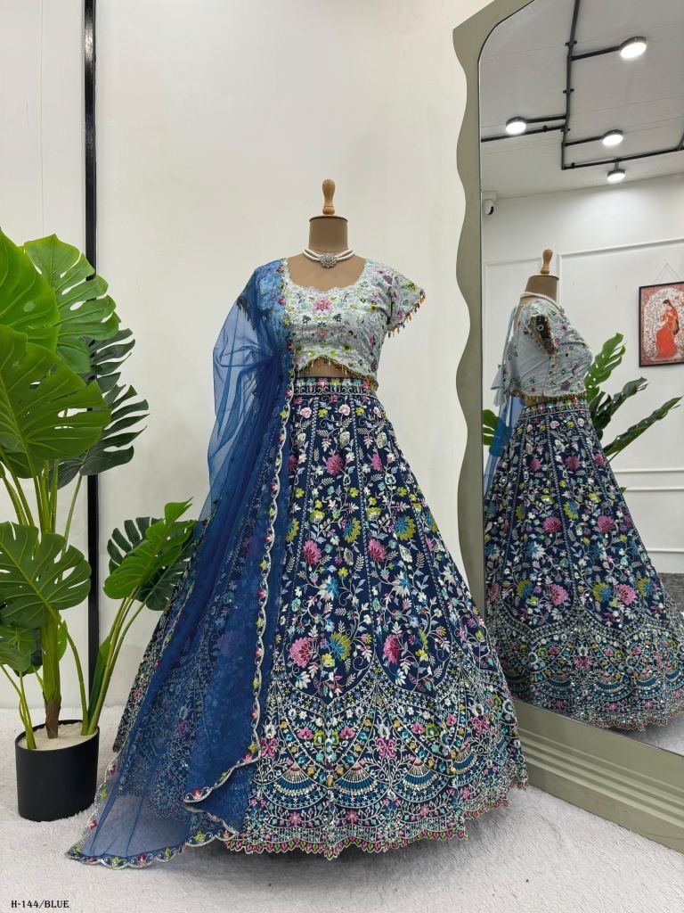 foux gorgette blue lehenga cho 1726144003 Foux Gorgette Blue Lehenga Choli With Sequnce Work