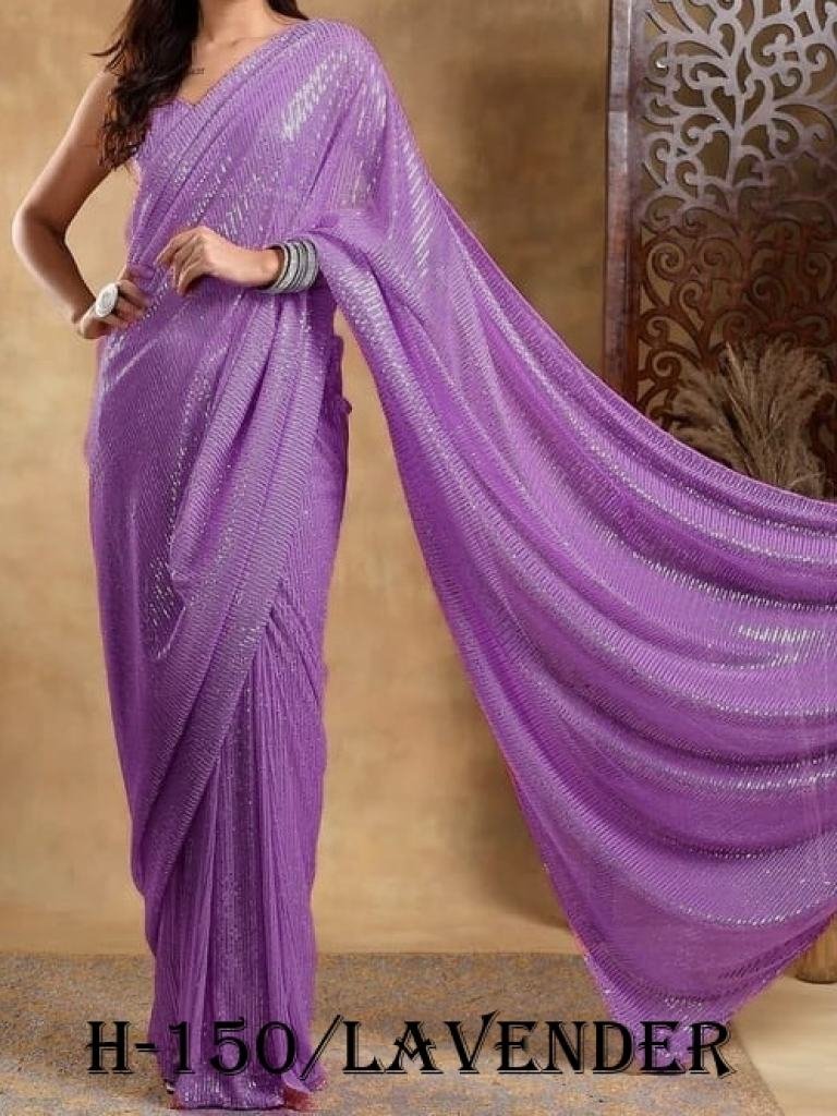 foux gorgette lavender saree w 1726231681 Foux Gorgette Lavender Saree With Sequins Work Blouse