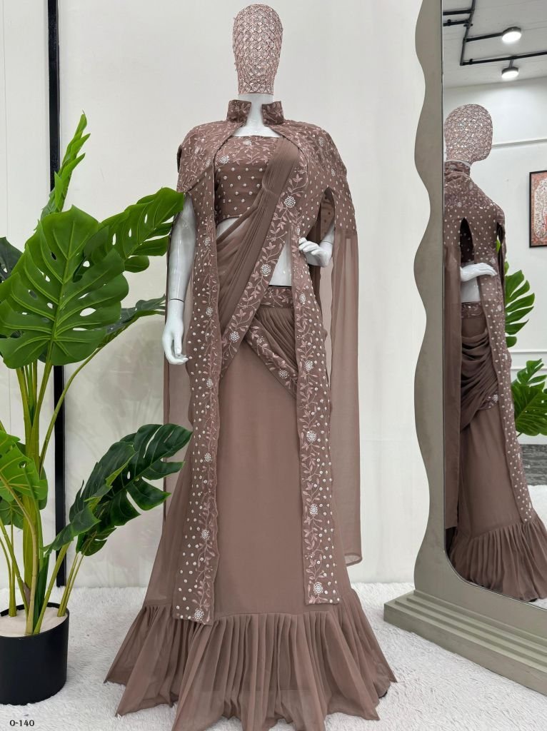 fox georgette coffee color leh 1726231081 Fox Georgette Coffee Color Lehenga Saree