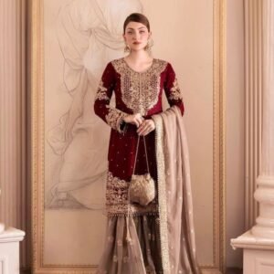 Fox Georgette Red Sharara Suit With Real Mirror Work