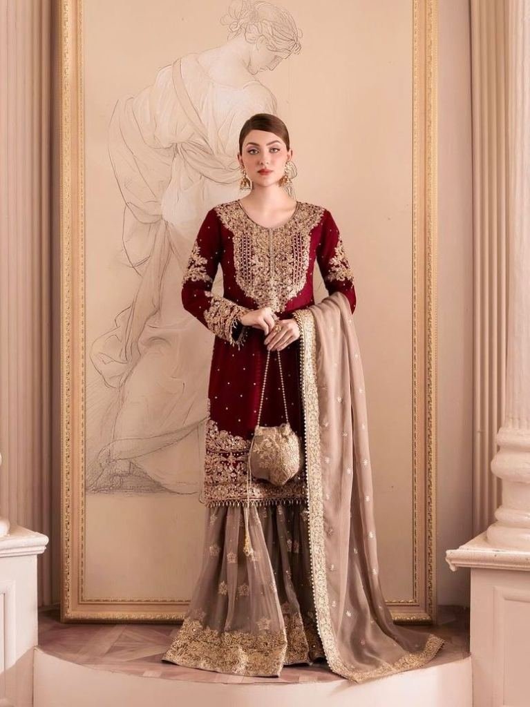 fox georgette red sharara suit 1727264244 Fox Georgette Red Sharara Suit With Real Mirror Work