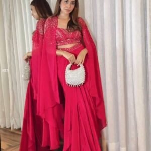 French Silk With Sequence Embroidery Pink Three Piece set