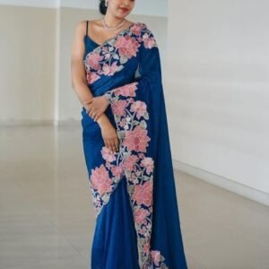 Blue Freya Designer Embroidered Saree With Bangalory Blouse