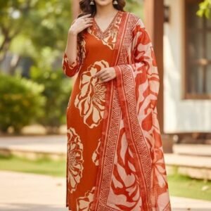 Full Printed Orange Colour Kurti Pant Dupatta Set