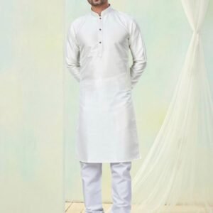 Full Sleeve White Plain Pure Silk Men Kurta With Bottom