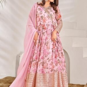 Fully Flared Georgette Digital Print Pink Gown