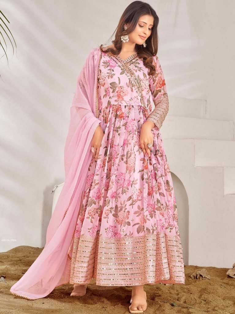 fully flared georgette digital 1715941668 Fully Flared Georgette Digital Print Pink Gown