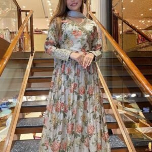 Fully Flared Georgette Digital Print Off White Gown