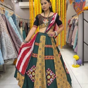 Fully Stitched Green Rayon Printed Lehenga Choli With Garmthi Work Lace And Patch Work