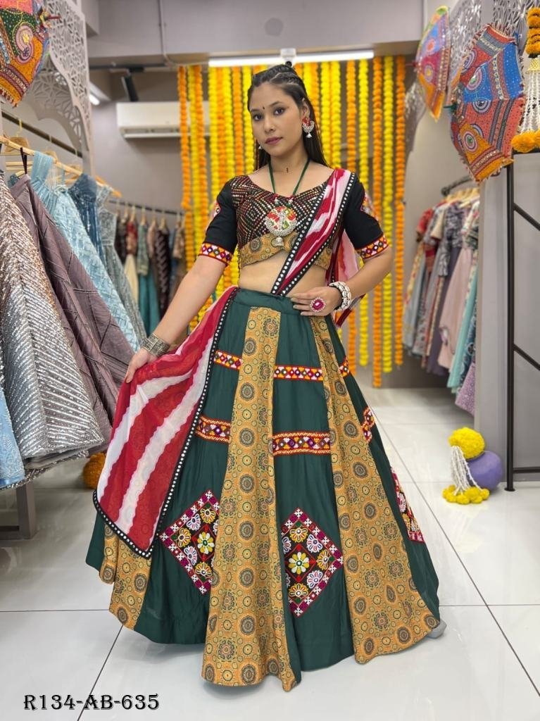 fully stitched green rayon pri 1720688790 Fully Stitched Green Rayon Printed Lehenga Choli With Garmthi Work Lace And Patch Work
