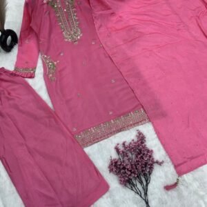 Fully Stitched Pure Chinon Pink Suit with Heavy Embroidery