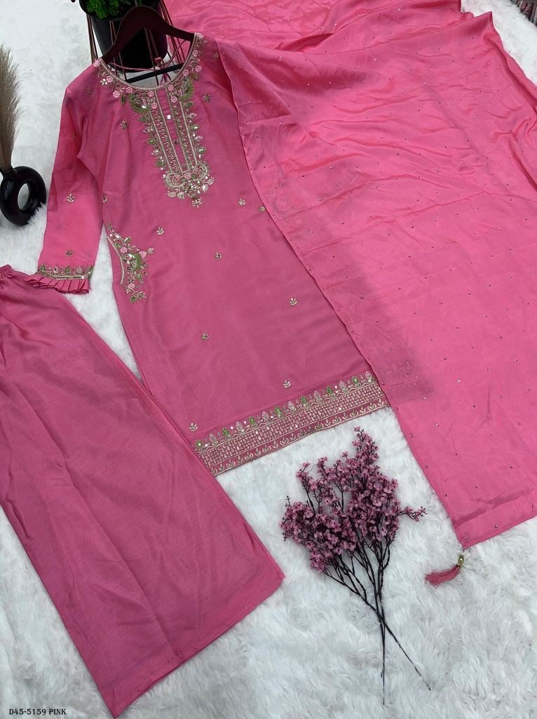 fully stitched pure chinon pin 1718446506 Fully Stitched Pure Chinon Pink Suit with Heavy Embroidery