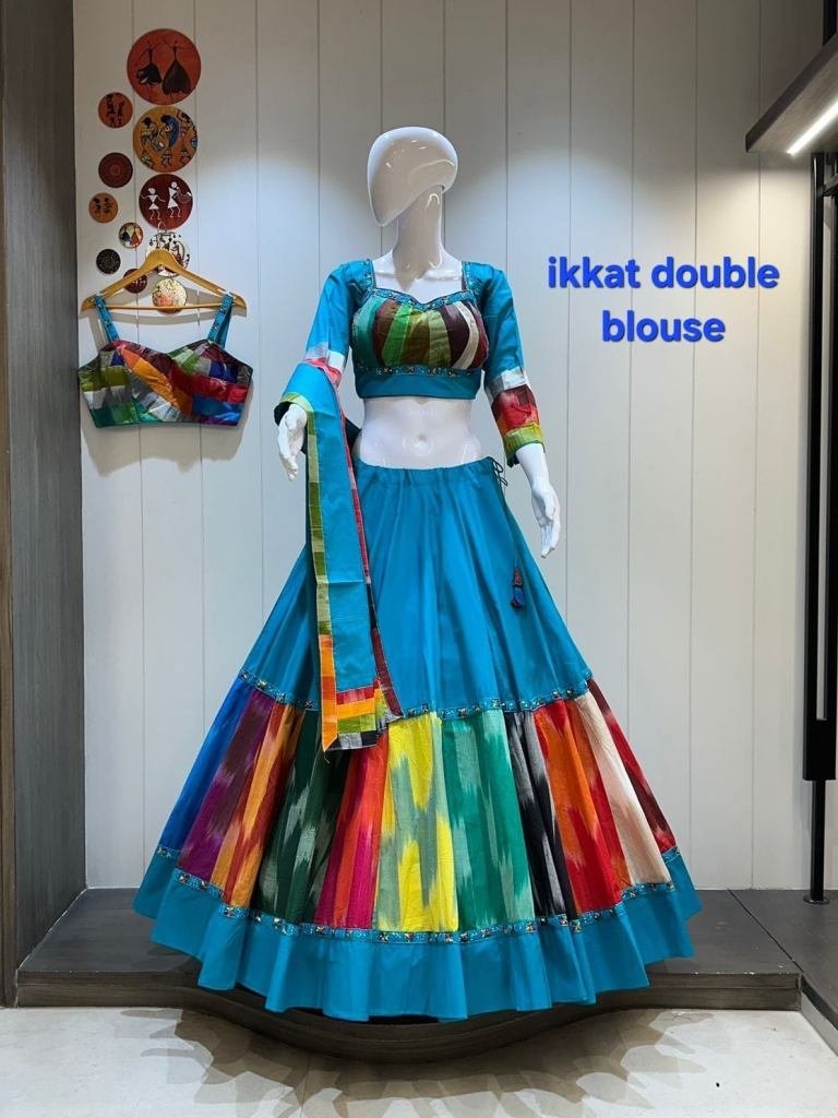 gamthi work 8 mtr flair chaniy 1749471318 Gamthi Work 8 mtr Flair Chaniya Choli In Ikkat Cotton