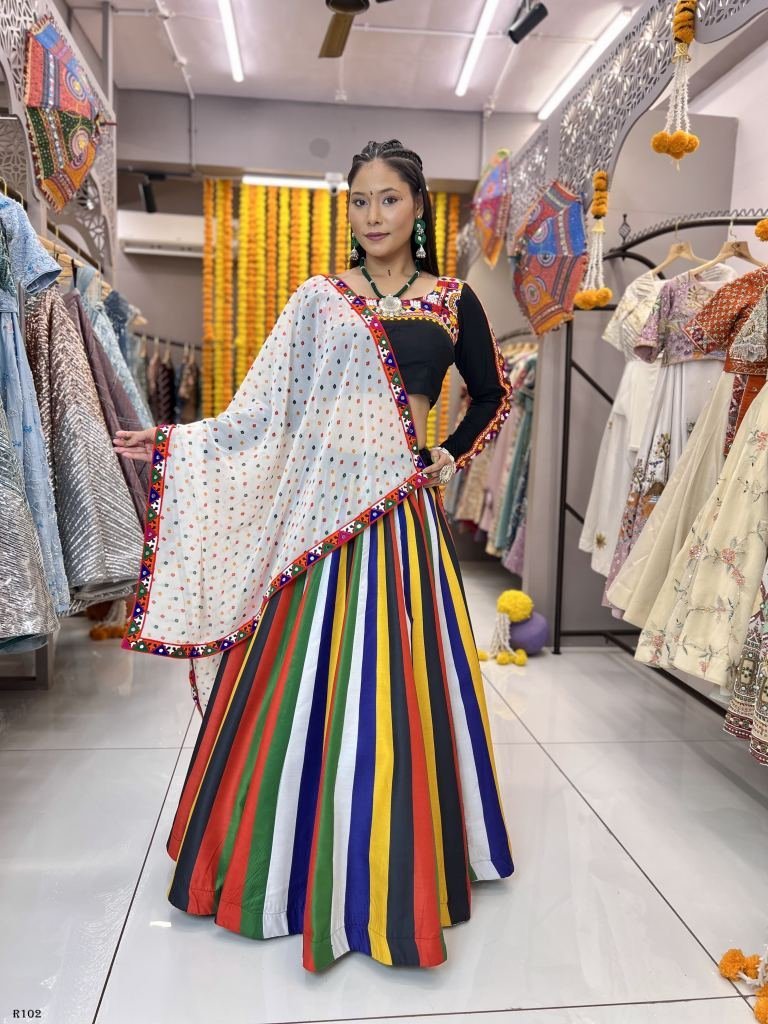 gamthi work and digital printe 1719926234 Gamthi Work And Digital Printed Maslin Lehenga Choli