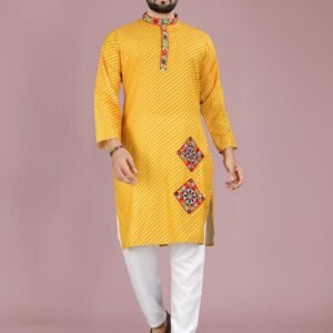 Gamthi Work Heavy Cotton Yellow Kurta And Pyjama