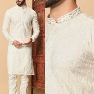 Gents Cream Traditional Silk Kurta With Cotton Pajama