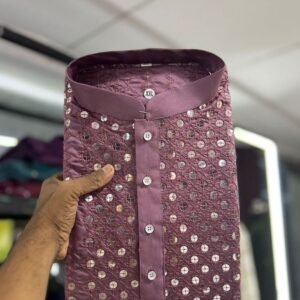 Gents Light Brown Kurta and Pyjamas With Embroidery Work