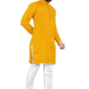 Gents Tradiational Yellow Plain Kurta And Pyjama