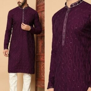 Gents Wine Wedding Wear Silk Kurta With Cotton Pajama