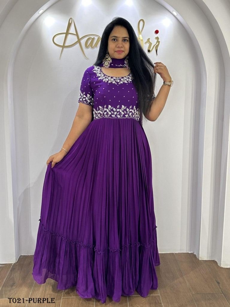 georgette anarkali purple gown 1717849610 Georgette Anarkali Purple Gown With Jari Embroidery Work