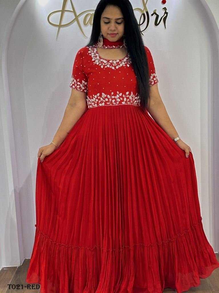 georgette anarkali red gown wi 1717849375 Georgette Anarkali Red Gown With Jari Embroidery work