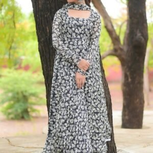 Georgette Black and White Flower Pattern Gown With Dupatta