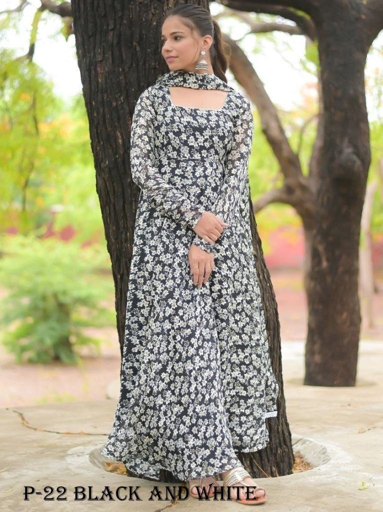georgette black and white flow 1718343780 Georgette Black and White Flower Pattern Gown With Dupatta