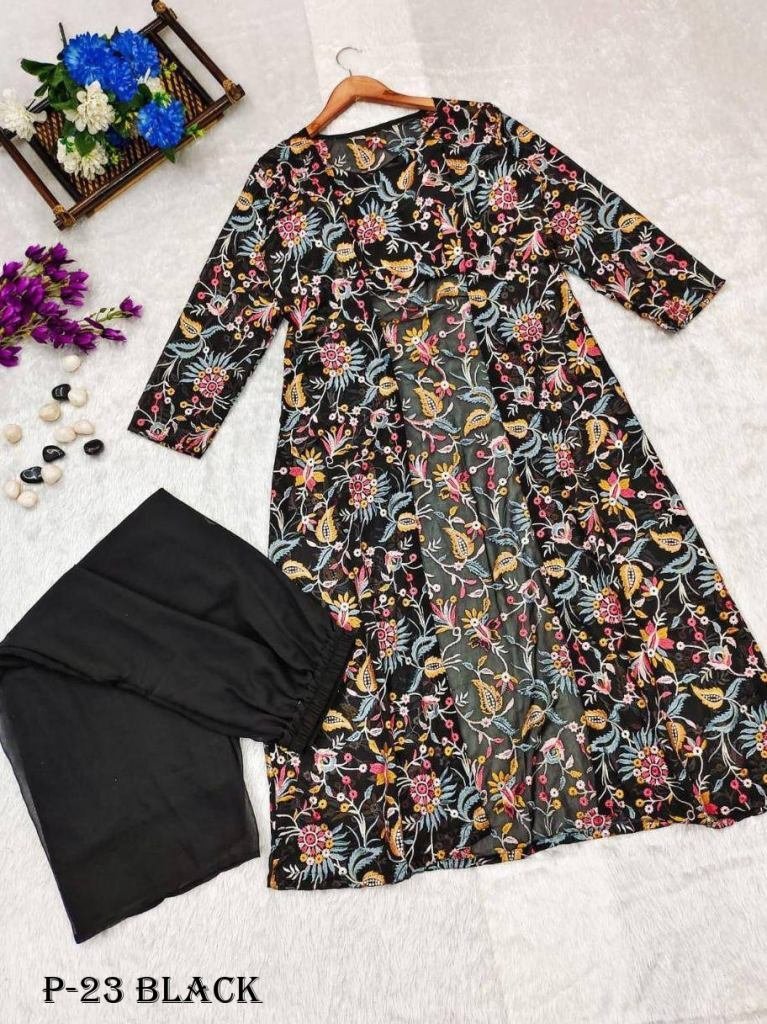 georgette black flower pattern 1718344320 Georgette Black Flower Pattern Indo Western Dress