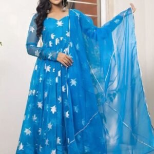 Georgette Blue Leaf Embroidered Work Suit With Dupatta