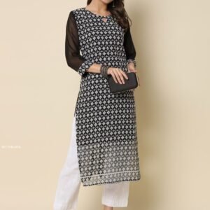 Georgette Chikankari Embroidered Black Kurti Set