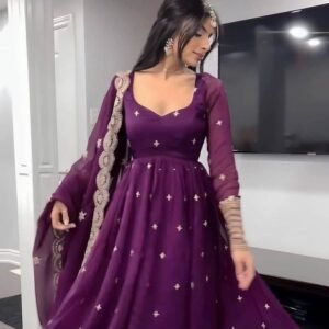 Georgette Embroidery Work Purple Color Gowns