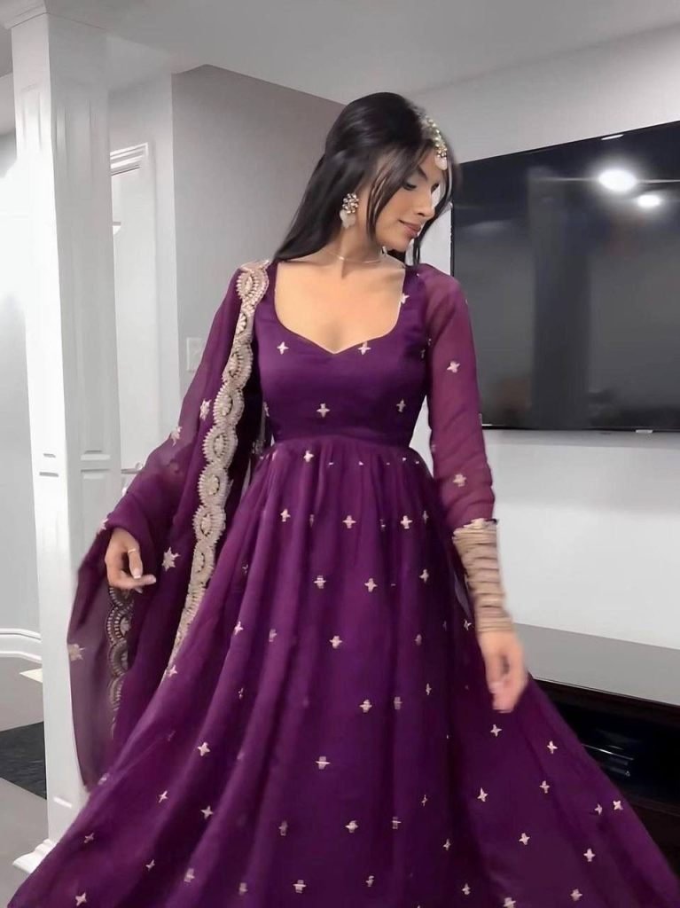 georgette embroidery work purp 1729072585 Georgette Embroidery Work Purple Color Gowns