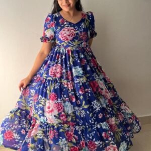 Georgette Flower Printed Frill Maxi Dress