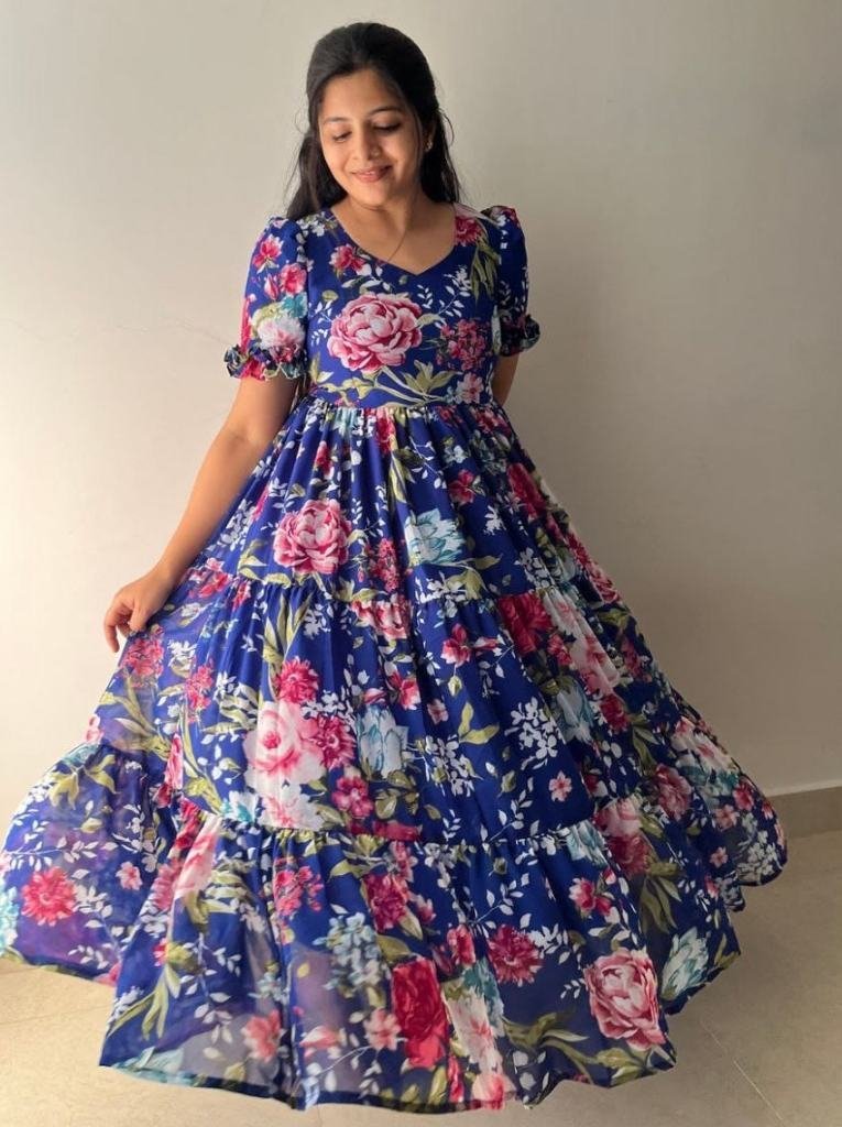 georgette flower printed frill 1748759007 Georgette Flower Printed Frill Maxi Dress