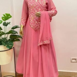 Georgette Golden Yok Embroidered Work Pink Kurti