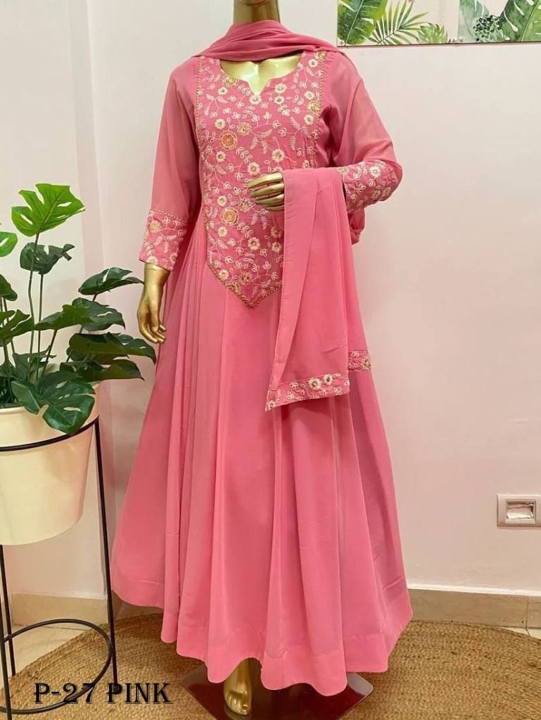 georgette golden yok embroider 1718348548 Georgette Golden Yok Embroidered Work Pink Kurti
