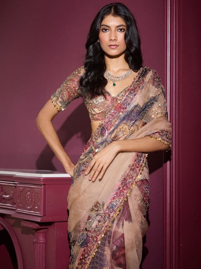 georgette handwork sequience w 1749027743 Georgette Handwork Sequience Work Saree
