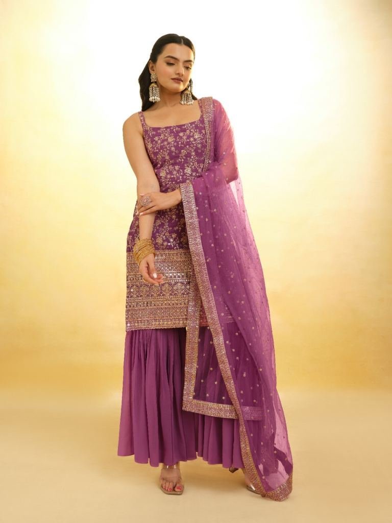 georgette onion pink colour se 1753274606 Georgette Onion Pink Colour Sequins Work Sharara Suit