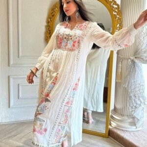 Georgette Pearl White Embroidered Work Kurti Pant Set With Dupatta
