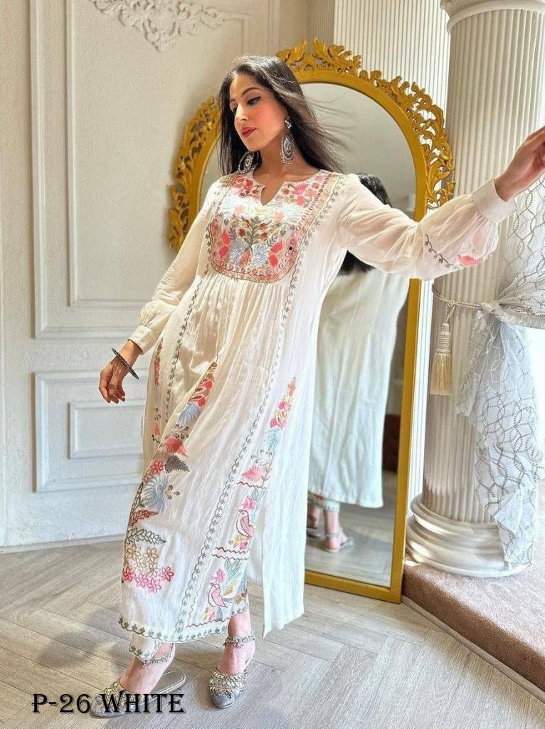 georgette pearl white embroide 1718347844 Georgette Pearl White Embroidered Work Kurti Pant Set With Dupatta