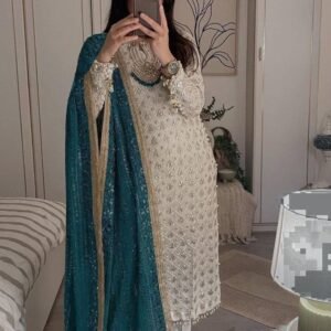Georgette Rama Embroidery Kurti With Heavy Dupatta