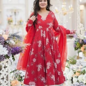 Georgette Red Flake Embroidered Suit With Anarkali Dupatta