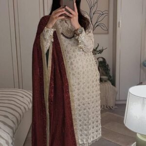 Georgette Red Embroidery Kurti With Heavy Dupatta