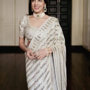 Georgette Sequence Embroidered Work White Saree