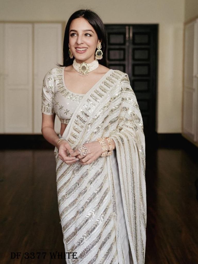 georgette sequence embroidered 1717477768 Georgette Sequence Embroidered Work White Saree