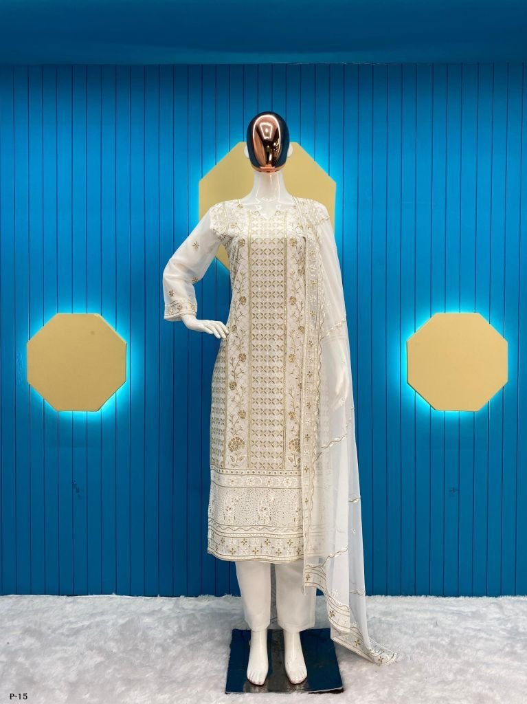 georgette sequence embroidered 1718182984 Georgette Sequence Embroidered Kurti Pant Set With Heavy Dupatta