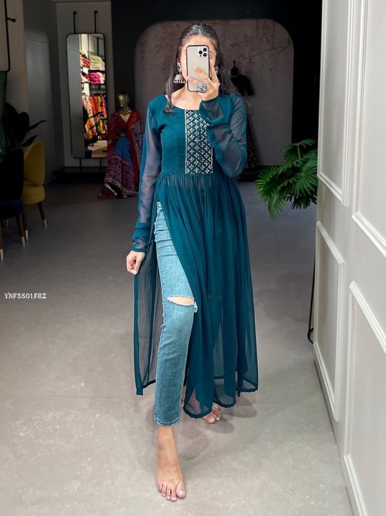 georgette sequins embroidery w 1716457310 Georgette Sequins Embroidery work Long Sleeve Naira Cut Kurti