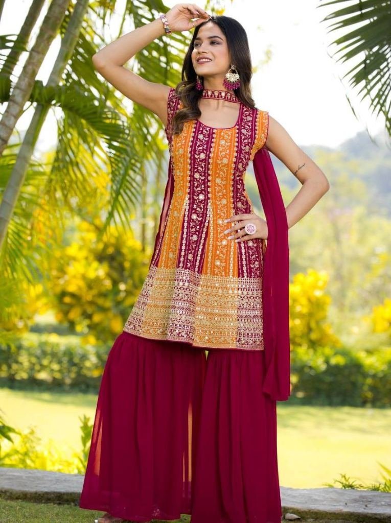 georgette silk sequence embroi 1749464030 Georgette Silk Sequence Embroidery Work Sharara Suit