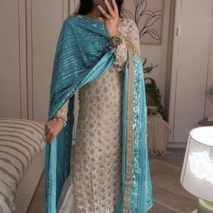 Georgette Sky Blue Embroidery Kurti With Heavy Dupatta