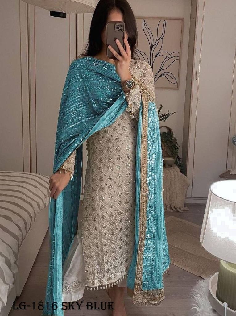 georgette sky blue kurti 1717237735 Georgette Sky Blue Embroidery Kurti With Heavy Dupatta
